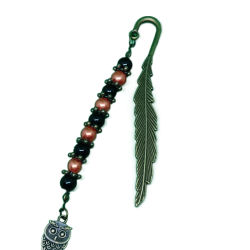 bronze-coloured feather and owl bookmark with pearl beads