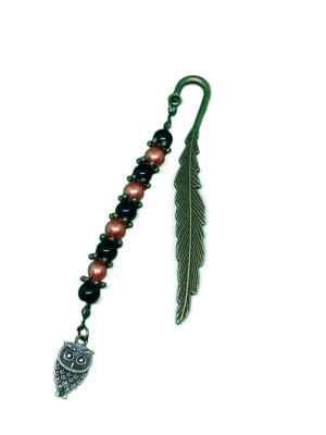 bronze-coloured feather and owl bookmark with pearl beads