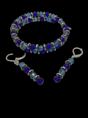 Blue crystal memory spring bracelet with earrings