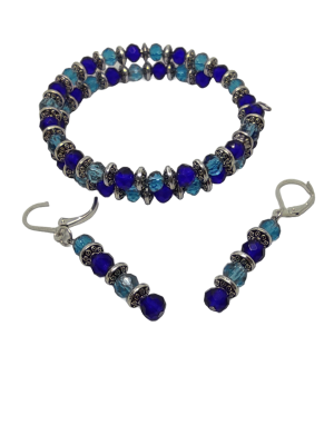 Blue crystal memory spring bracelet and earring duo